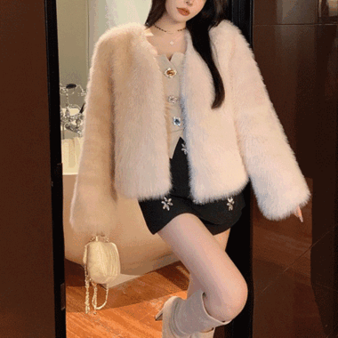 발홍 겨울 퍼자켓 에코퍼 페이크퍼 노카라 핑크 블랙 자켓 코트